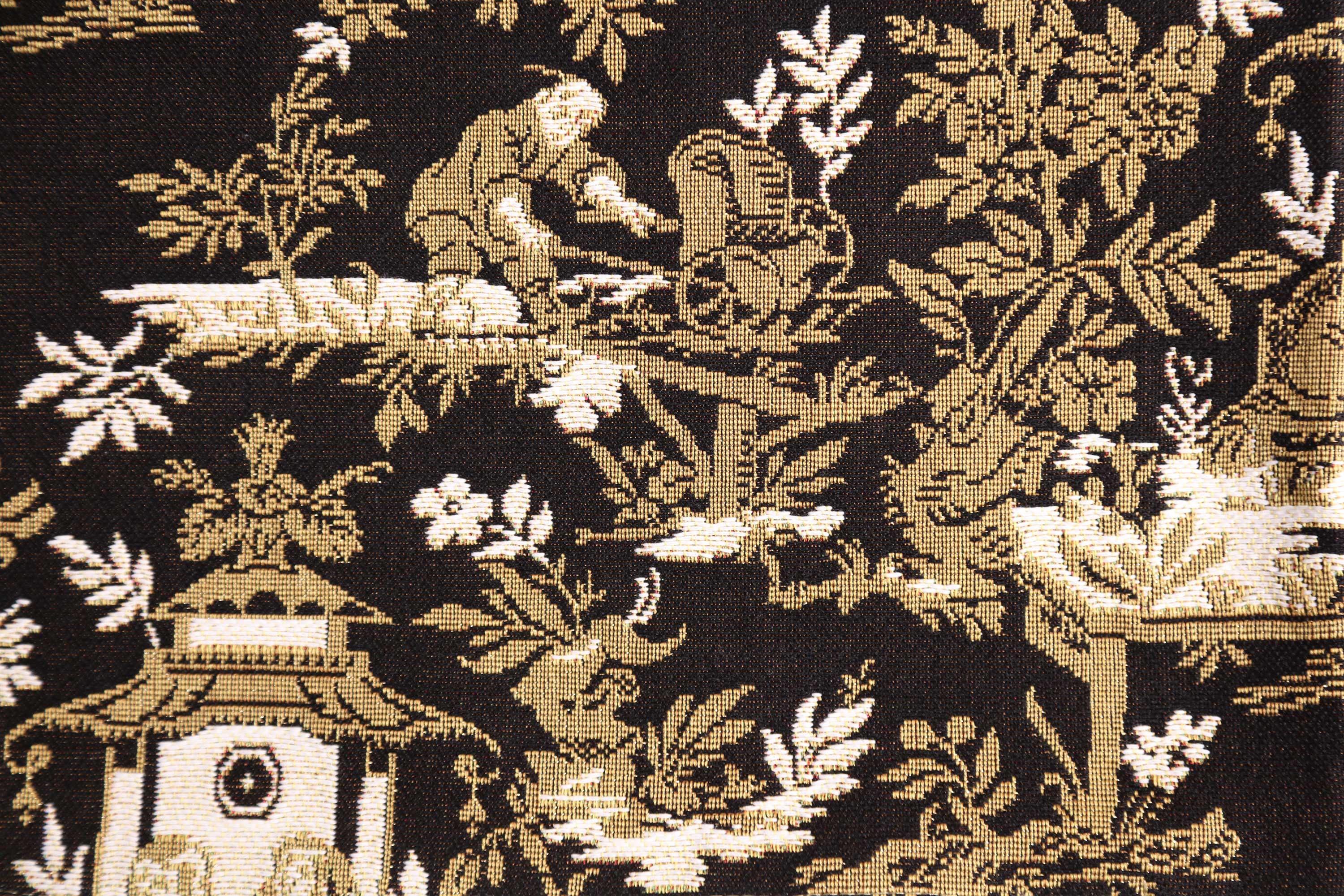 The Chinese on a Wheelbarrow Kiosk Black French Tapestry Cushion | Close Up 2