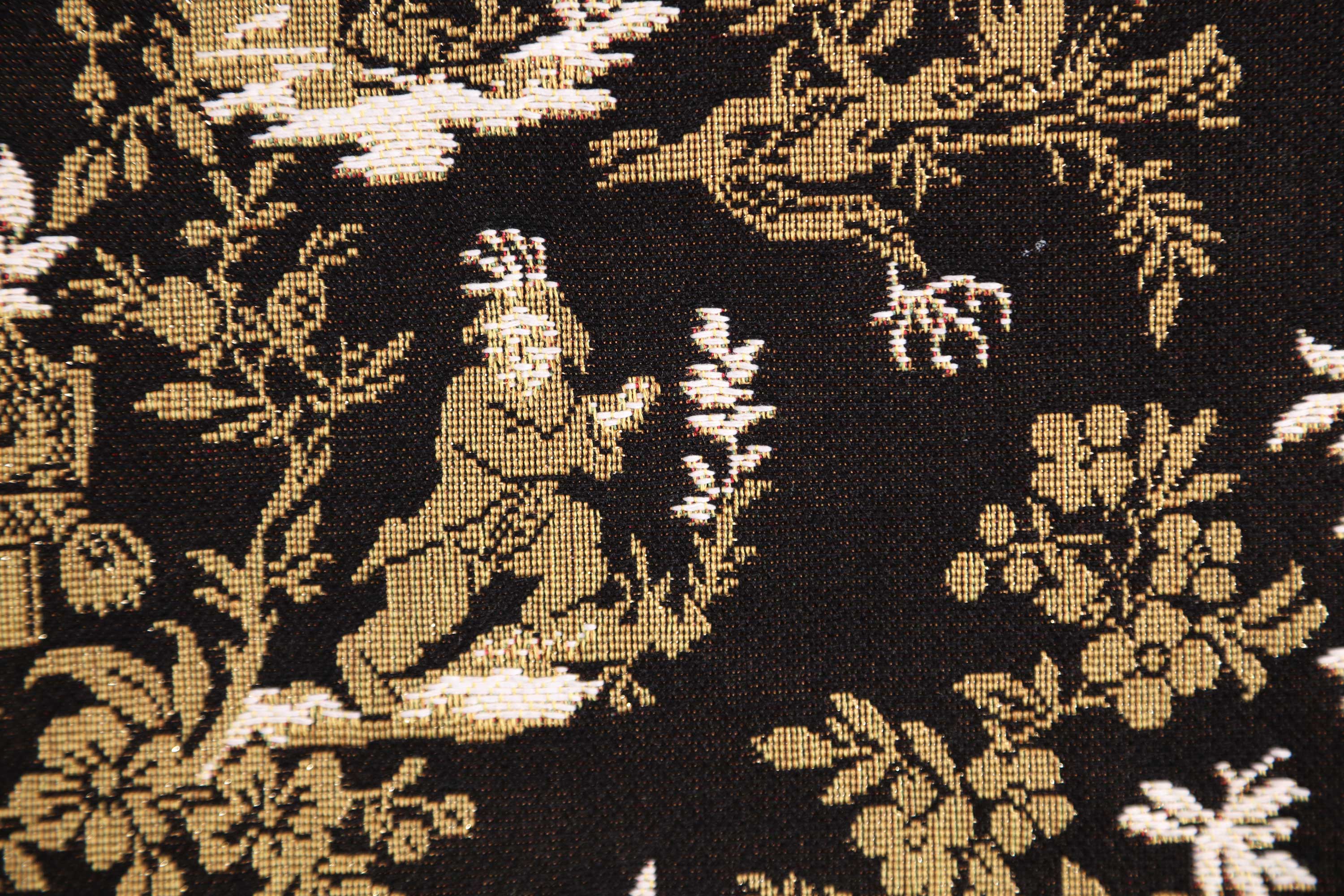 The Chinese on a Wheelbarrow Kiosk Black French Tapestry Cushion | Close Up 3