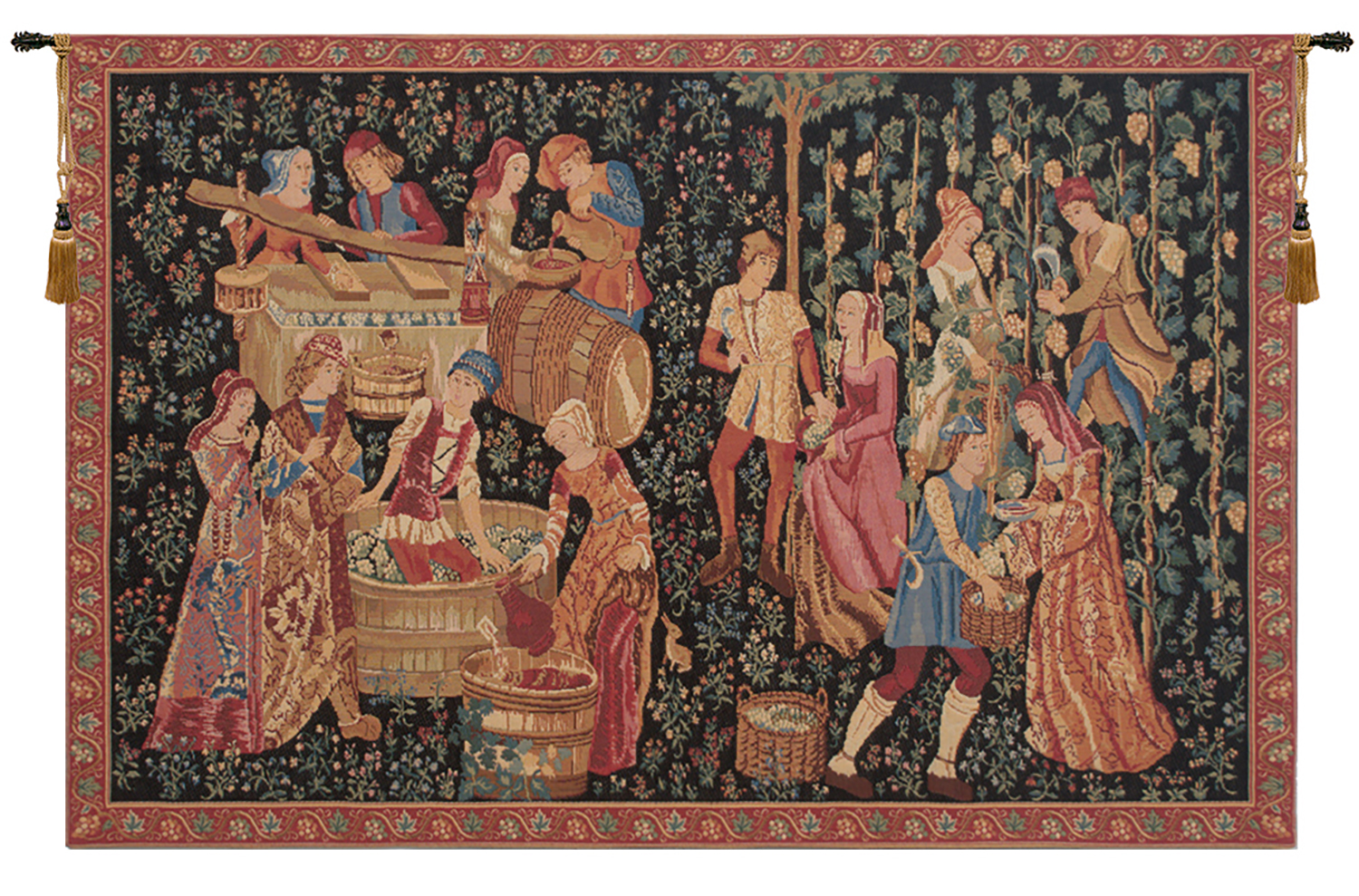 The Vintage Medieval Wine Mille Fleur Belgian Tapestry Wall Art Hanging (New)