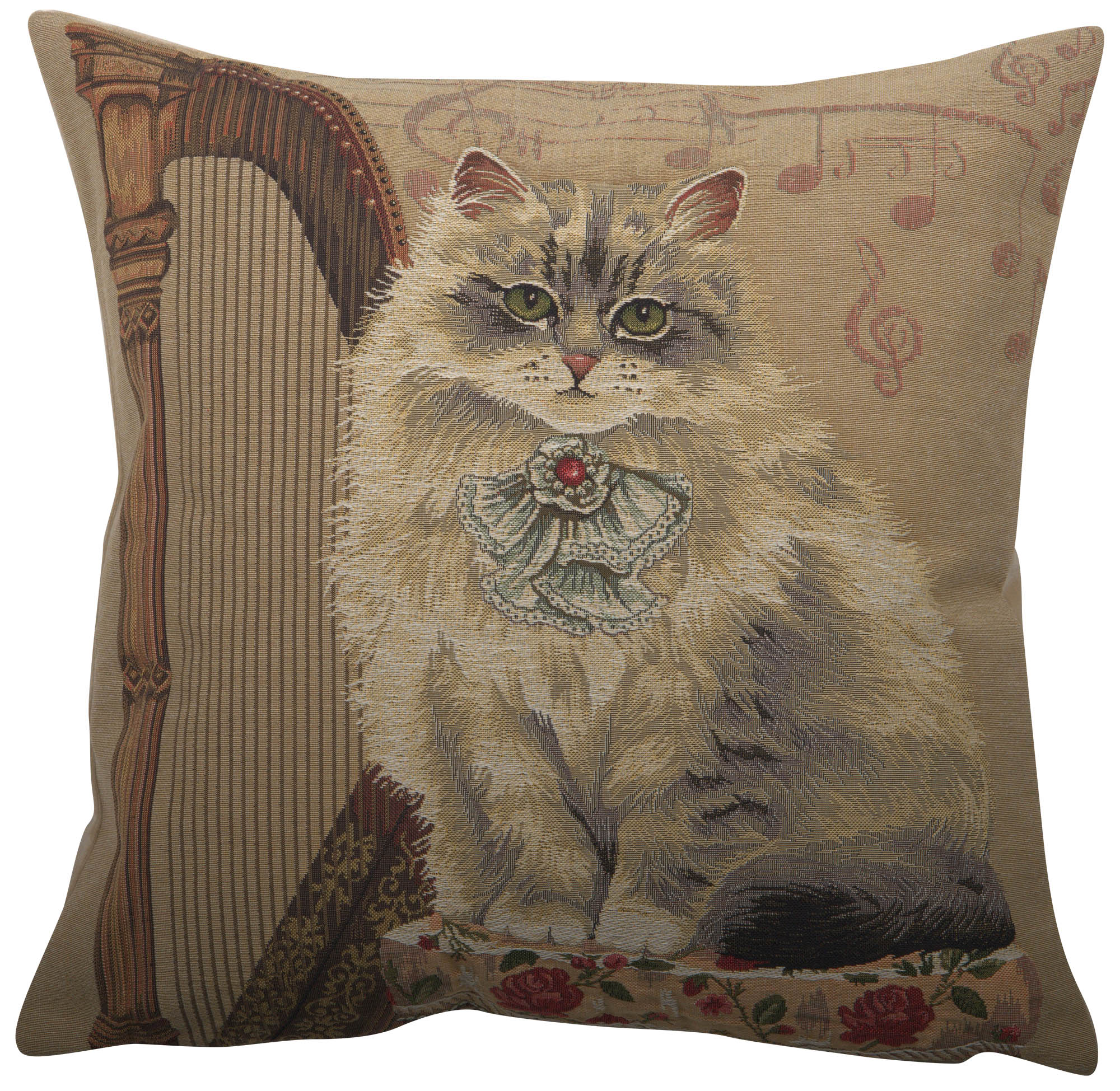 Cat With Harp European Tapestry Cushion Cover Home Decor Belgian Pillow 18x18 in