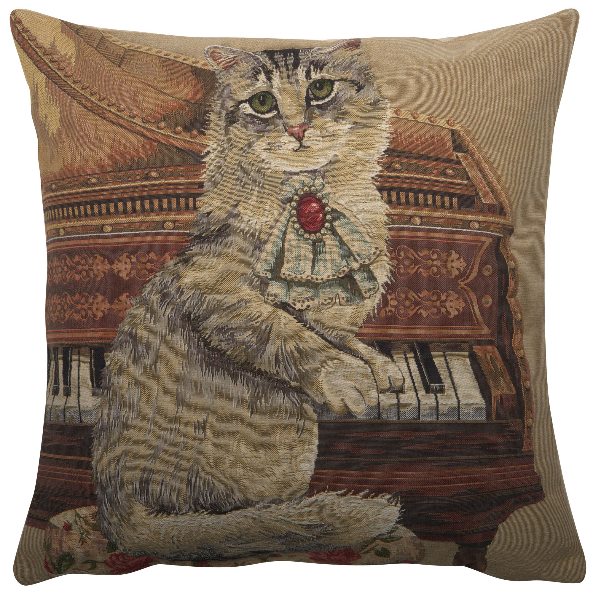 Cat With Piano - Cat Lover Gift - Belgian Tapestry Cushion Cover 18x18 inch