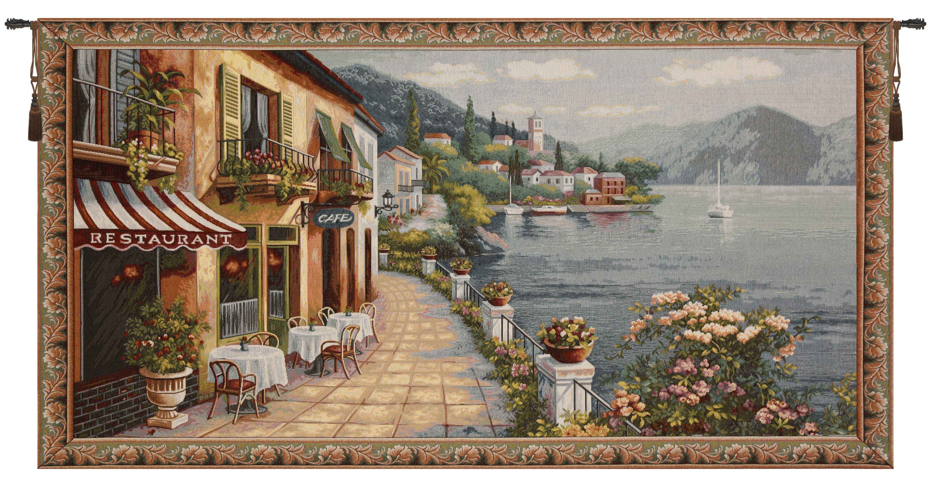 Café by Lake Como 27x57 in Jacquard Woven Decorative Tapestry NEW Wall Hanging