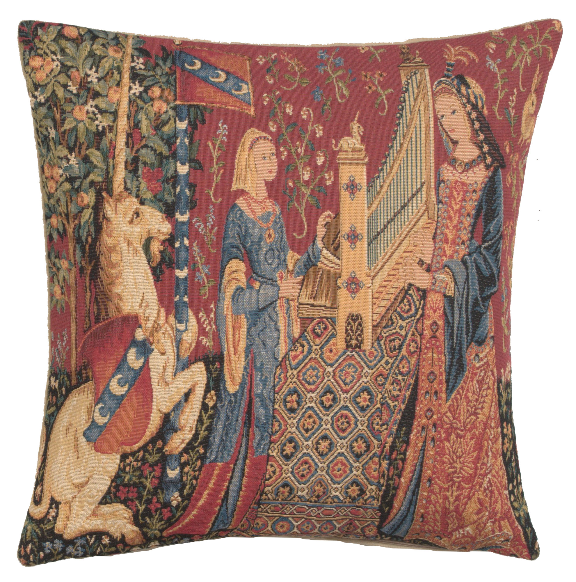Medieval Hearing and Lady Unicorn Belgian Tapestry Designer Art Cushion Covers