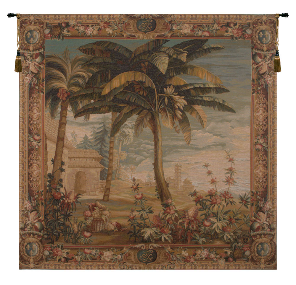 Paysage Exotique Landscape Palm Tree and Ruins French Wall Tapestry 58x58 inch